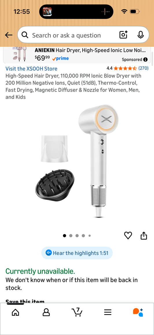 High-Speed Hair Dryer, 110,000 RPM Ionic Blow Dryer with 200 Million Negative Ions, Quiet (51dB), Thermo-Control, Fast Drying, Magnetic Diffuser & Nozzle for Women, Men, and Kids