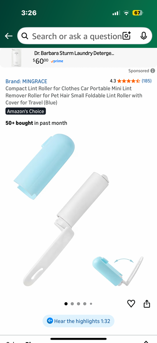 Compact Lint Roller for Clothes Car Portable Mini Lint Remover Roller for Pet Hair Small Foldable Lint Roller with Cover for Travel (Blue