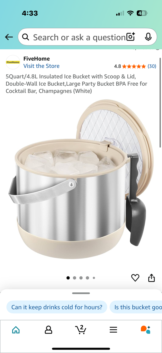 5Quart/4.8L Insulated Ice Bucket with Scoop & Lid, Double-Wall Ice Bucket,Large Party Bucket BPA Free for Cocktail Bar, Champagnes (White