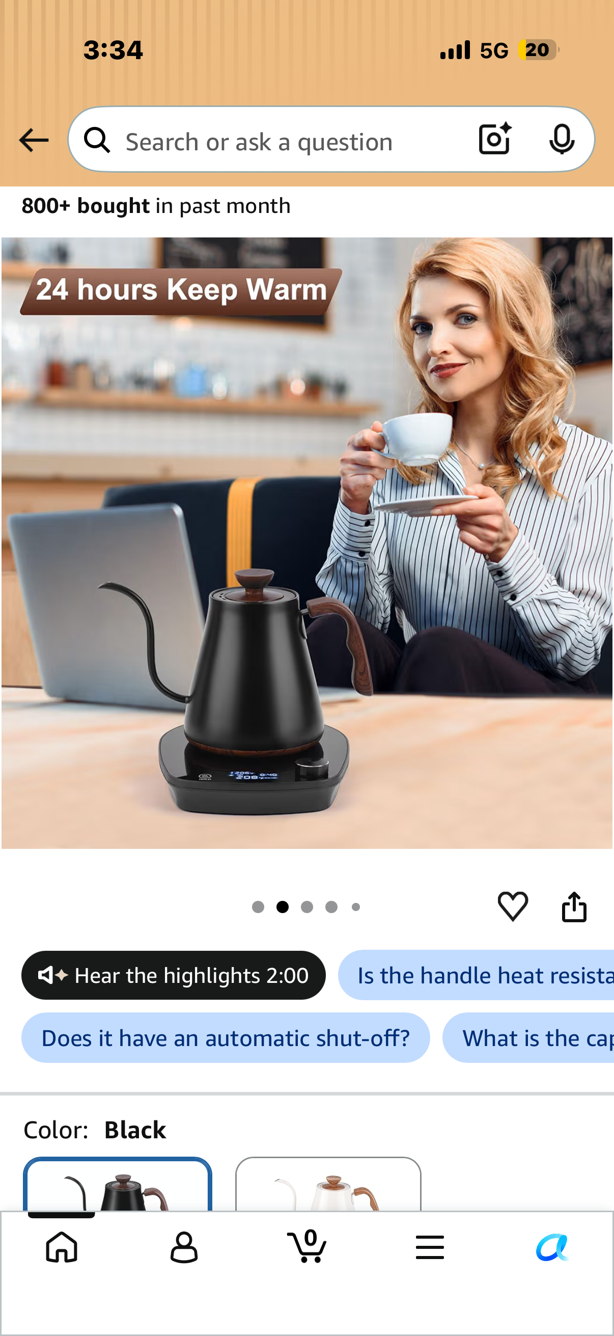 Gooseneck Electric Kettle, Intelligent Temperature Control, Stainless Steel Inner, Quick Heating, for Pour Over Coffee, Brew Tea, Boil Hot Water, 1000W 0.9L Black