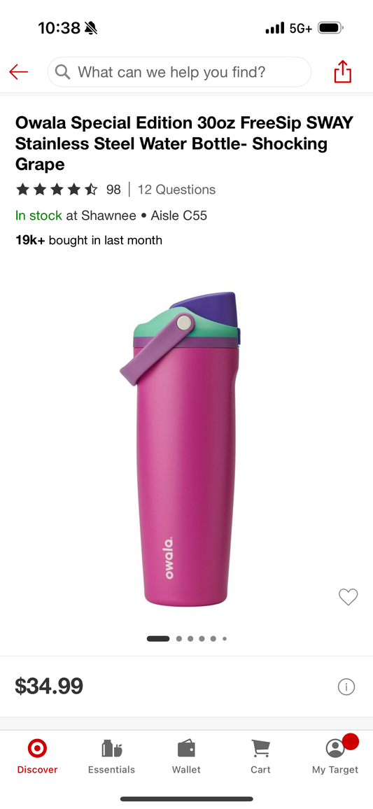 Owala Special Edition 30oz FreeSip SWAY Stainless Steel Water Bottle- Shocking Grape