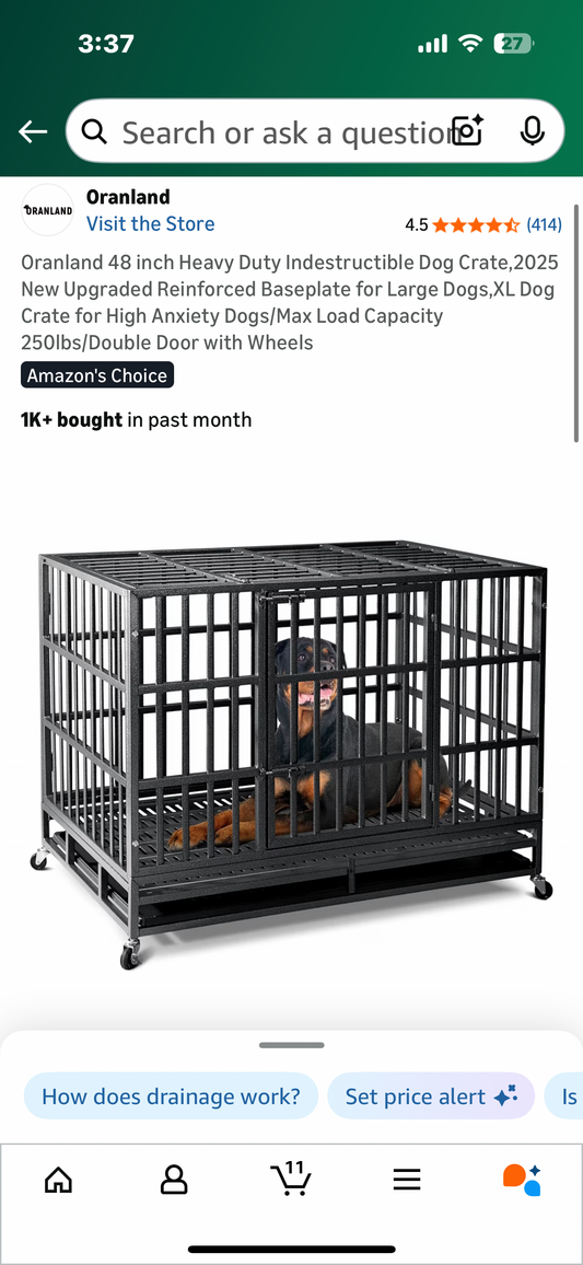 Oranland 48 inch Heavy Duty Indestructible Dog Crate,Reinforced Baseplate for Large Dogs,XL Dog Crate for High Anxiety Dogs/Max Load Capacity 250lbs/Double Door with Wheels (R731)