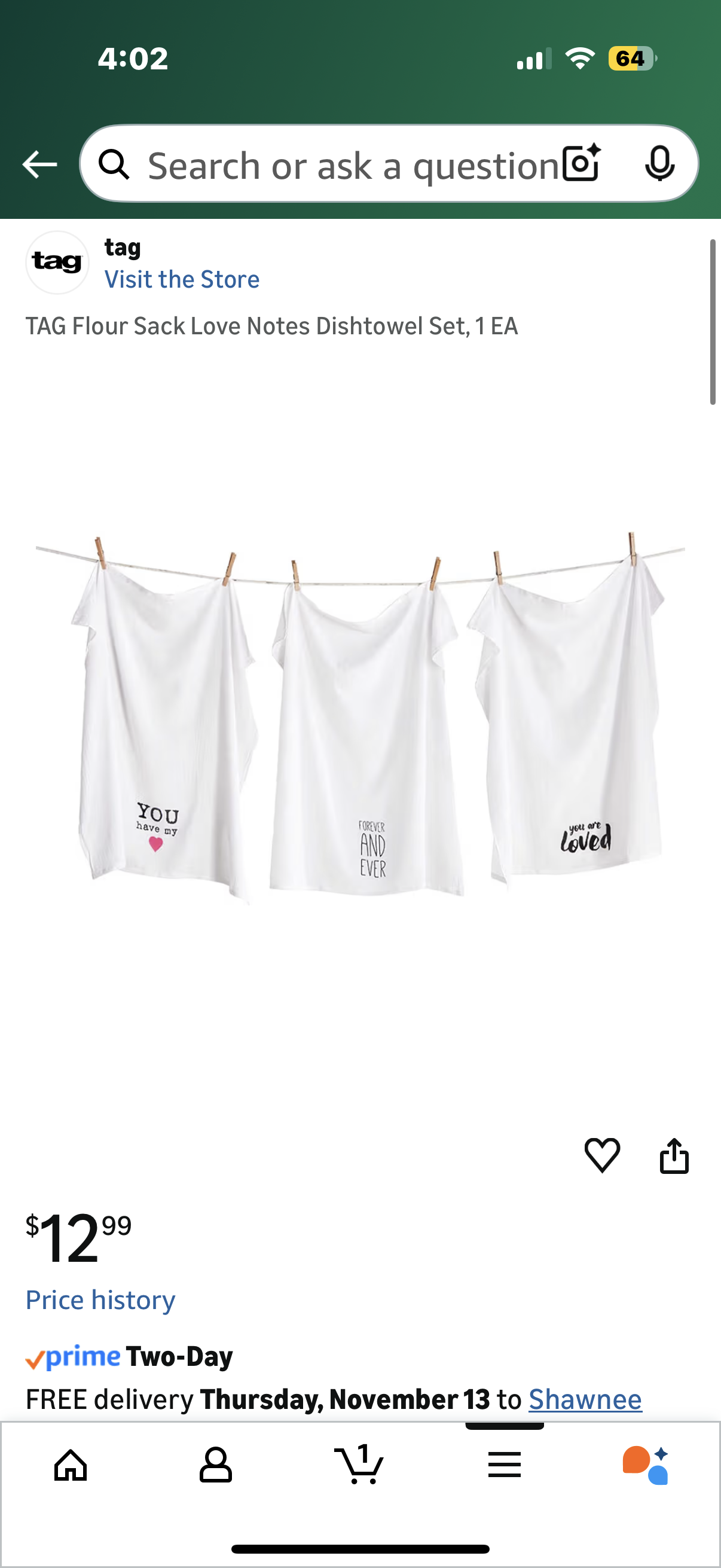 TAG Flour Sack Love Notes Dishtowel Set of 3