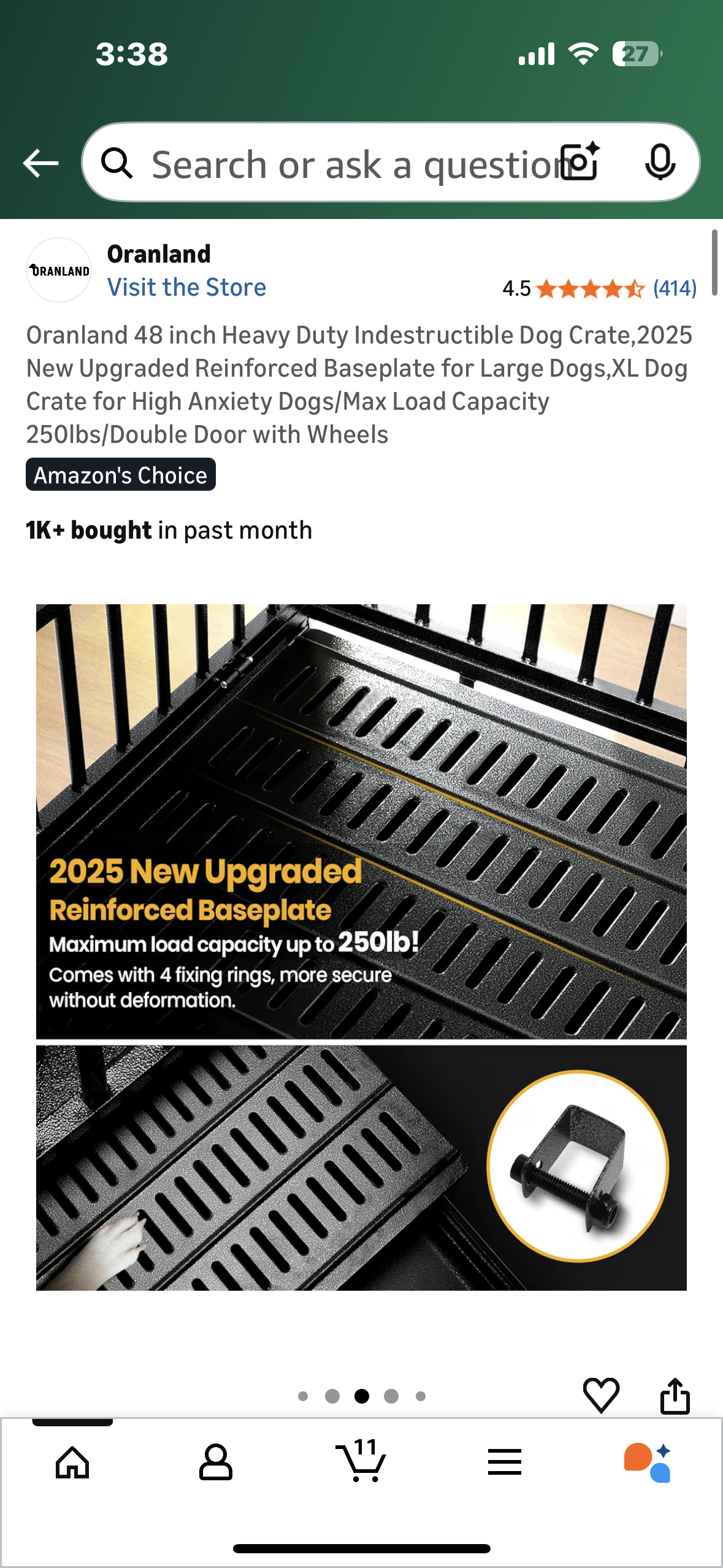 Oranland 48 inch Heavy Duty Indestructible Dog Crate,Reinforced Baseplate for Large Dogs,XL Dog Crate for High Anxiety Dogs/Max Load Capacity 250lbs/Double Door with Wheels (R731)