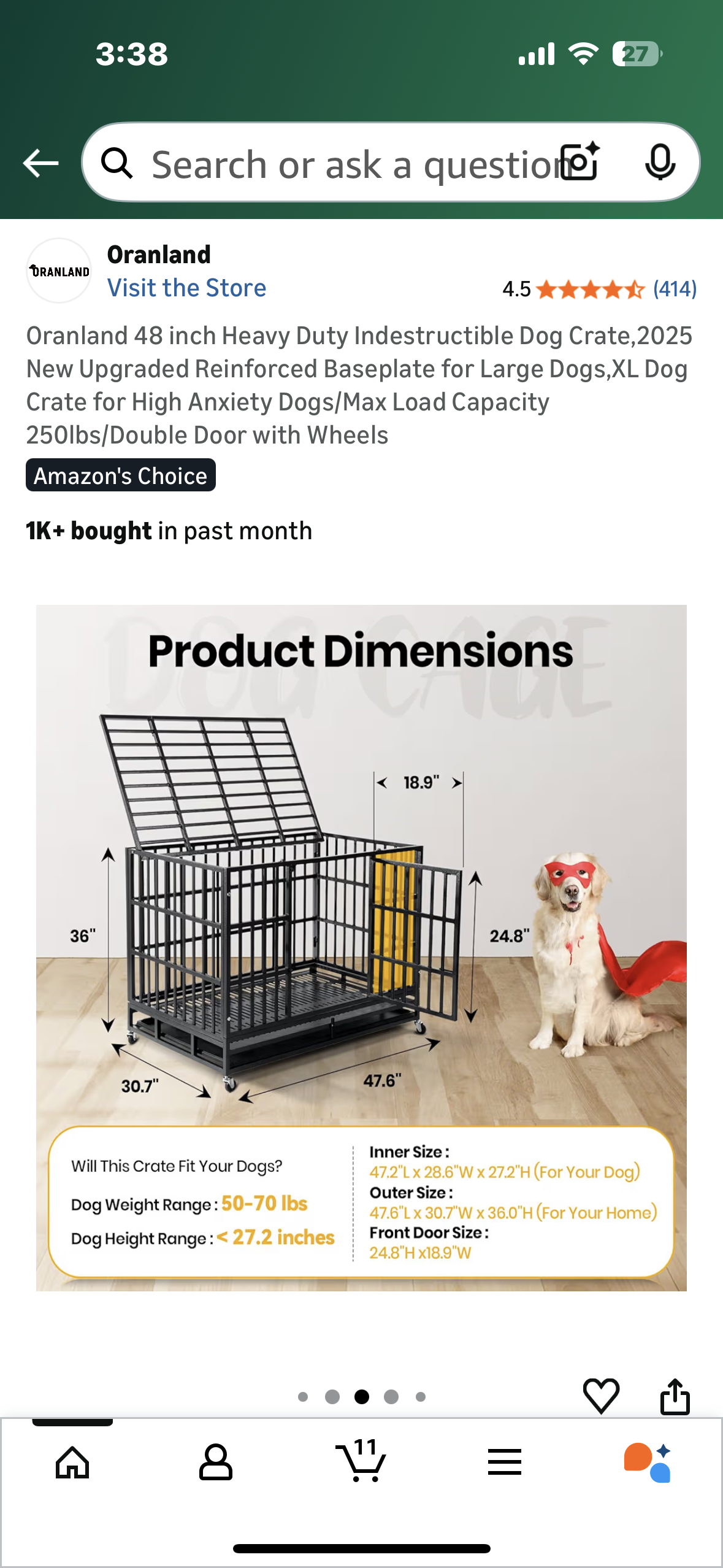 Oranland 48 inch Heavy Duty Indestructible Dog Crate,Reinforced Baseplate for Large Dogs,XL Dog Crate for High Anxiety Dogs/Max Load Capacity 250lbs/Double Door with Wheels (R731)