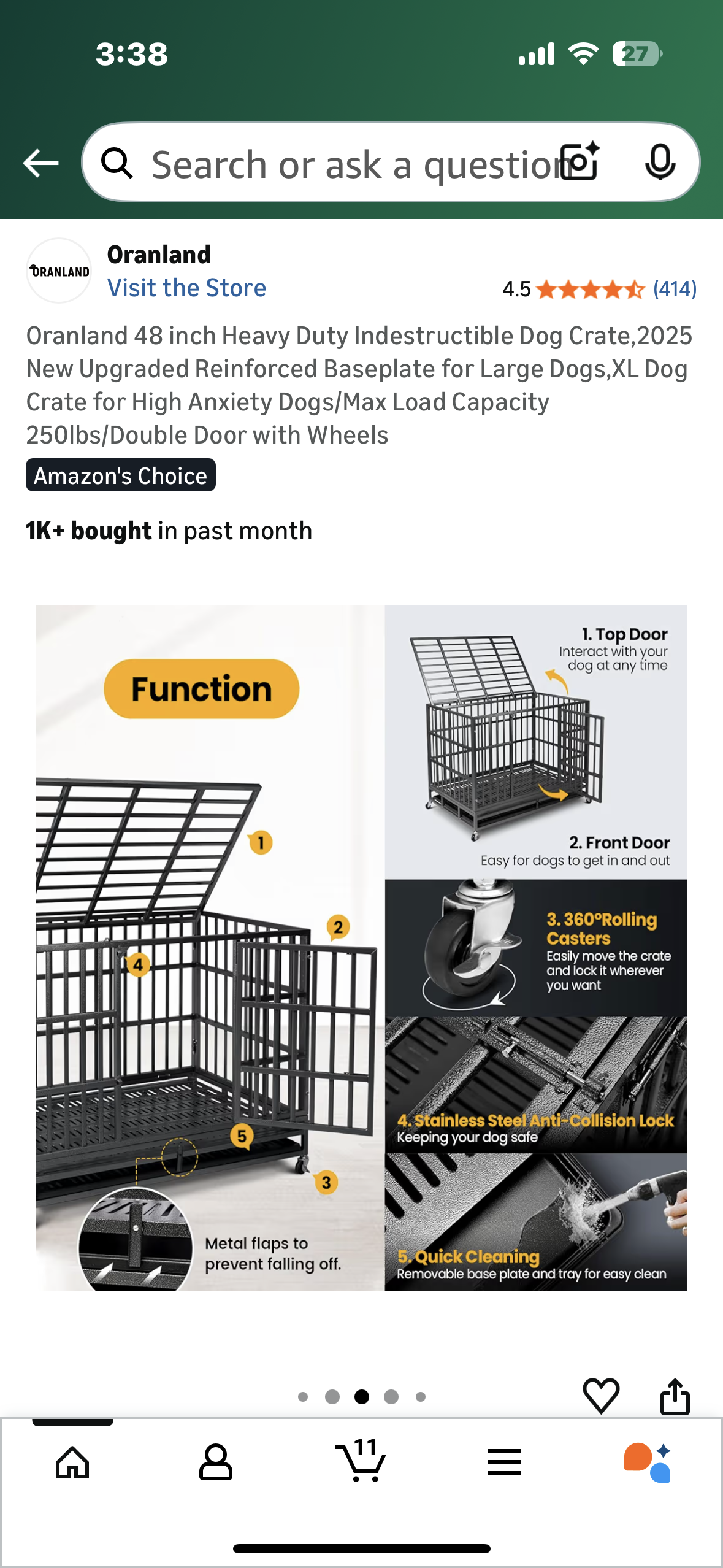 Oranland 48 inch Heavy Duty Indestructible Dog Crate,Reinforced Baseplate for Large Dogs,XL Dog Crate for High Anxiety Dogs/Max Load Capacity 250lbs/Double Door with Wheels (R731)