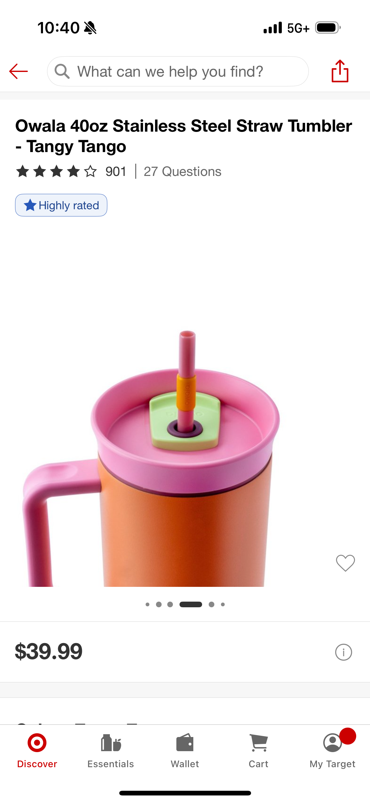 Owala 40oz Stainless Steel Straw Tumbler - Tangy Tango (Straw NOT Included)