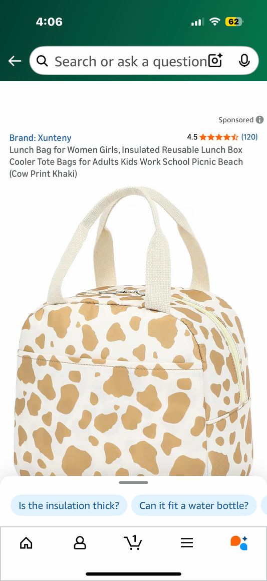 Lunch Bag for Women Girls, Insulated Reusable Lunch Box Cooler Tote Bags for Adults Kids Work School Picnic Beach (Cow Print Khaki)