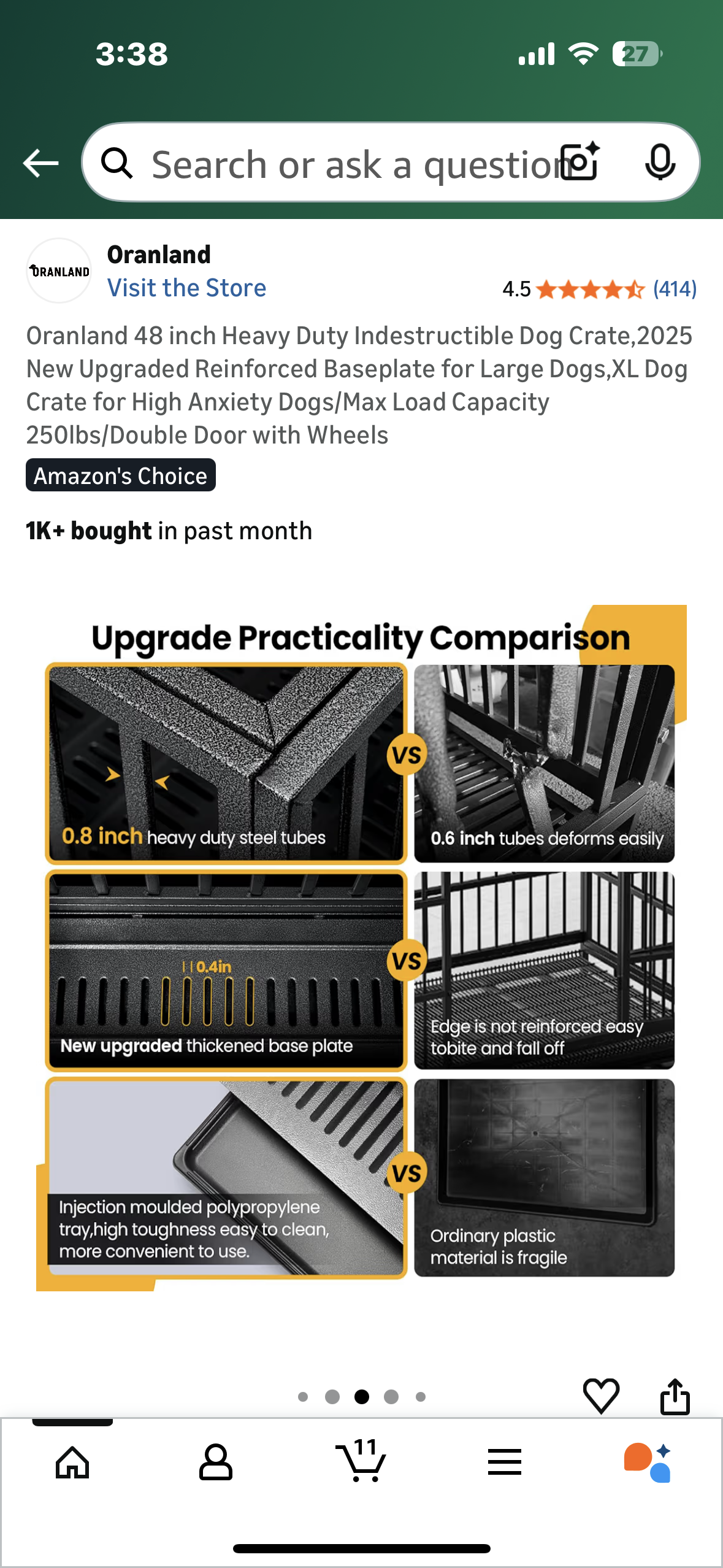Oranland 48 inch Heavy Duty Indestructible Dog Crate,Reinforced Baseplate for Large Dogs,XL Dog Crate for High Anxiety Dogs/Max Load Capacity 250lbs/Double Door with Wheels (R731)