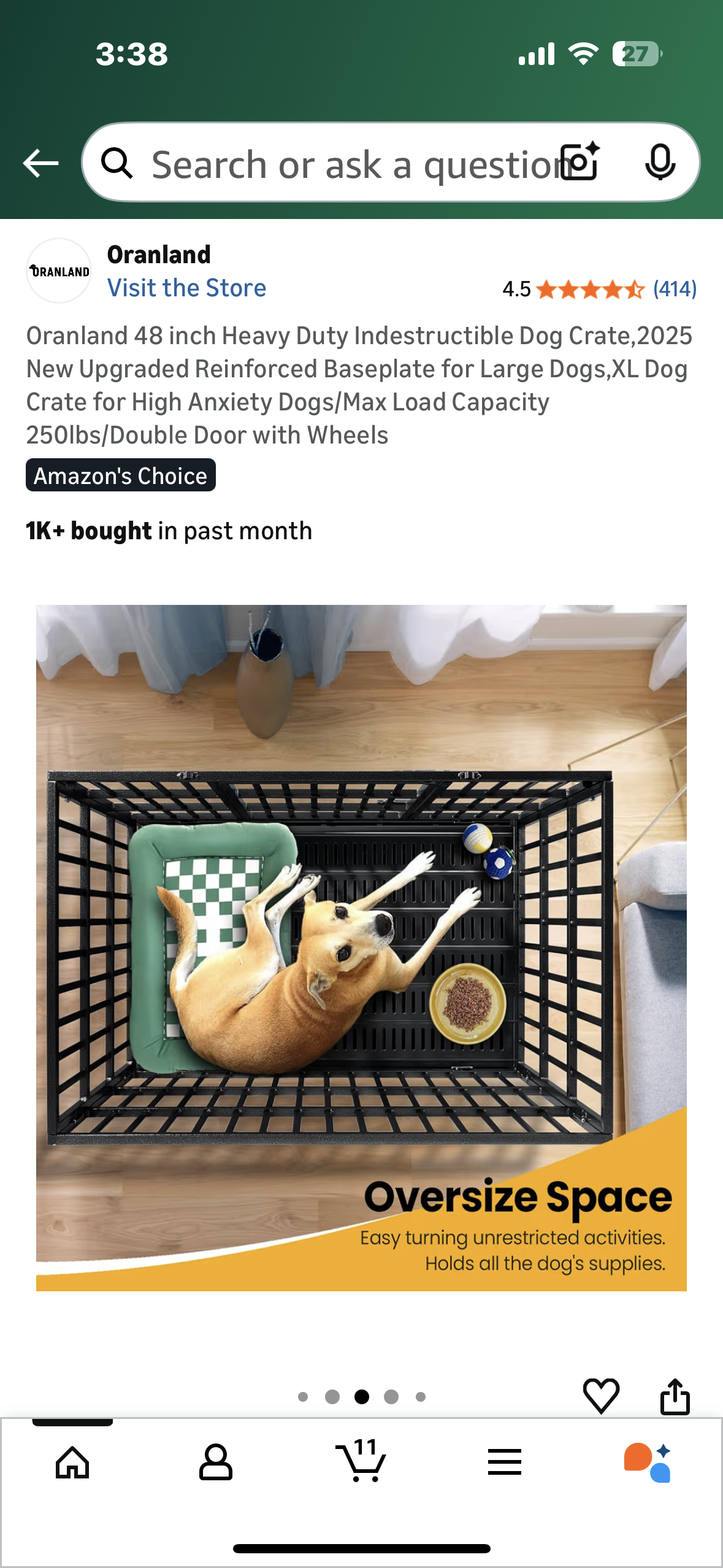 Oranland 48 inch Heavy Duty Indestructible Dog Crate,Reinforced Baseplate for Large Dogs,XL Dog Crate for High Anxiety Dogs/Max Load Capacity 250lbs/Double Door with Wheels (R731)