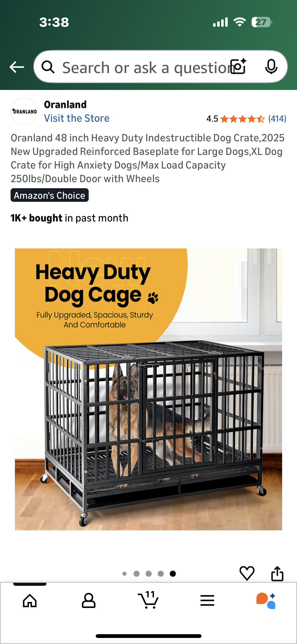 Oranland 48 inch Heavy Duty Indestructible Dog Crate,Reinforced Baseplate for Large Dogs,XL Dog Crate for High Anxiety Dogs/Max Load Capacity 250lbs/Double Door with Wheels (R731)