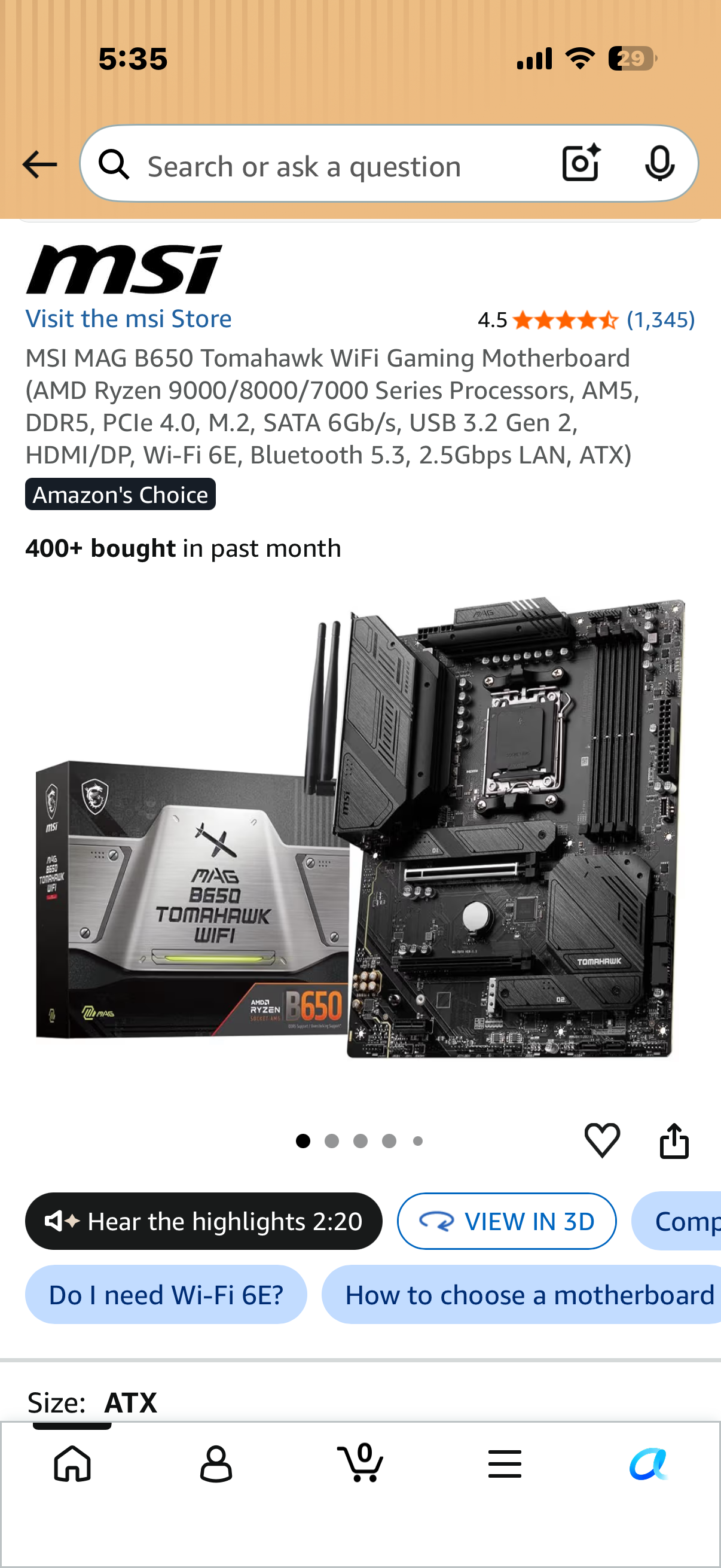 MSI MAG B650 Tomahawk WiFi Gaming Motherboard (AMD Ryzen 9000/8000/7000 Series Processors, AM5, DDR5, PCIe 4.0, M.2, SATA 6Gb/s, USB 3.2 Gen 2, HDMI/DP, Wi-Fi 6E, Bluetooth 5.3, 2.5Gbps LAN, ATX
