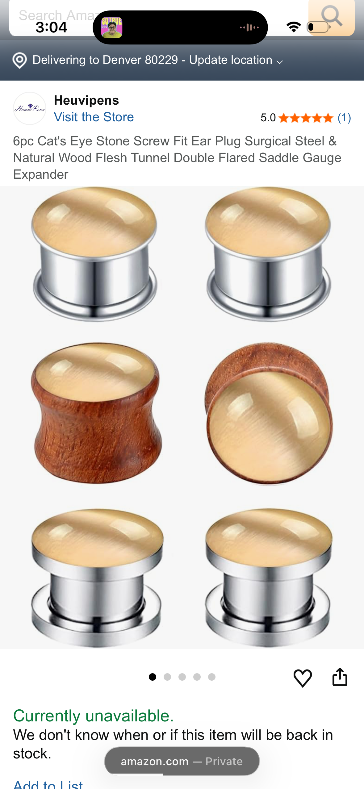 6pc Cat's Eye Stone Screw Fit Ear Plug Surgical Steel & Natural Wood Flesh Tunnel Double Flared Saddle Gauge Expander