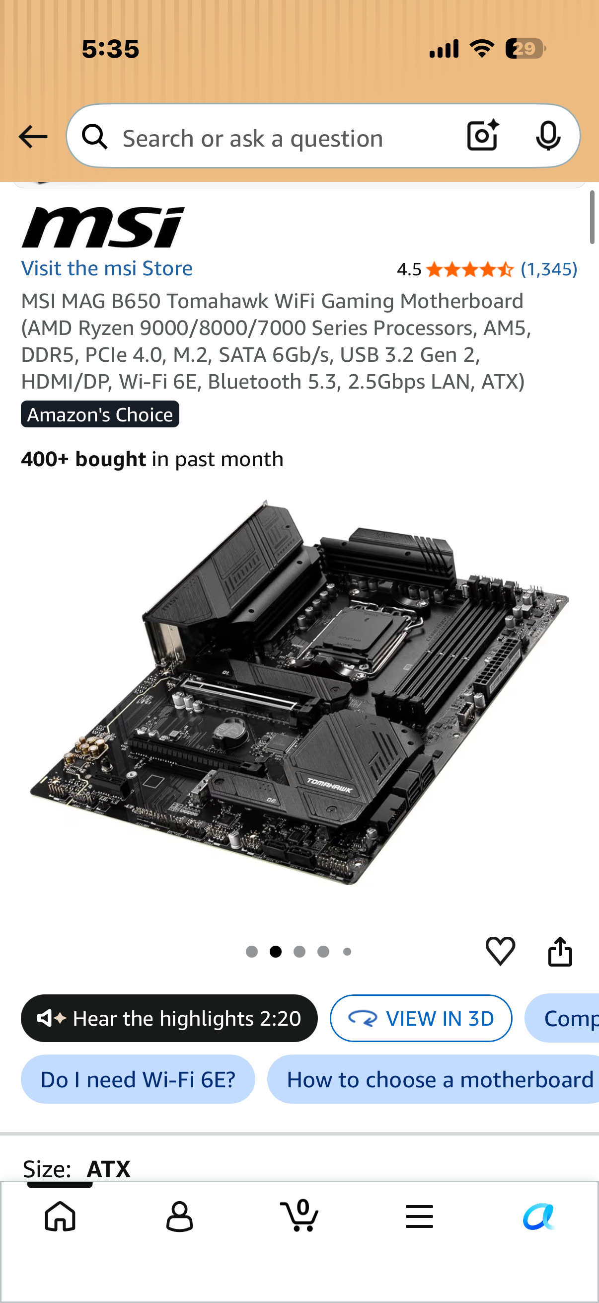 MSI MAG B650 Tomahawk WiFi Gaming Motherboard (AMD Ryzen 9000/8000/7000 Series Processors, AM5, DDR5, PCIe 4.0, M.2, SATA 6Gb/s, USB 3.2 Gen 2, HDMI/DP, Wi-Fi 6E, Bluetooth 5.3, 2.5Gbps LAN, ATX