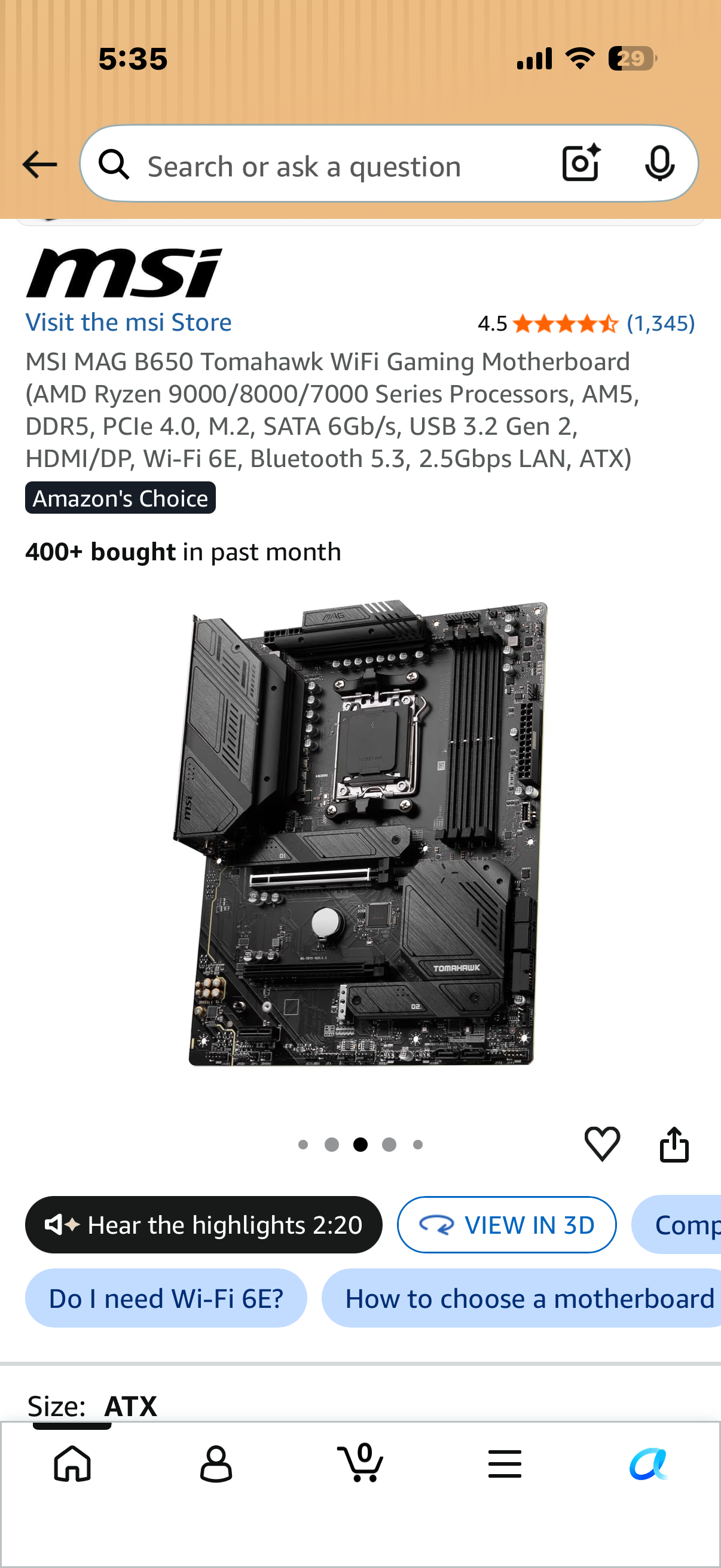 MSI MAG B650 Tomahawk WiFi Gaming Motherboard (AMD Ryzen 9000/8000/7000 Series Processors, AM5, DDR5, PCIe 4.0, M.2, SATA 6Gb/s, USB 3.2 Gen 2, HDMI/DP, Wi-Fi 6E, Bluetooth 5.3, 2.5Gbps LAN, ATX