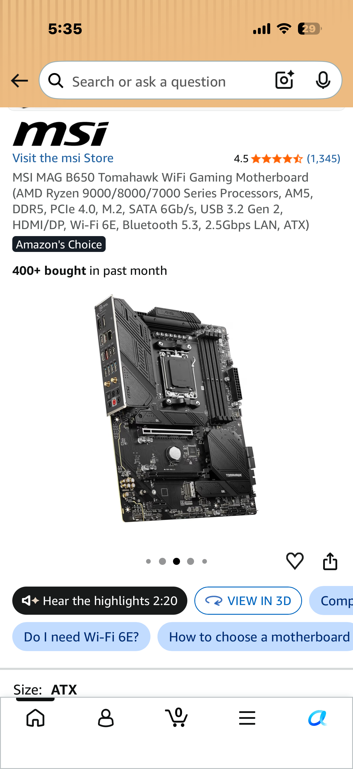 MSI MAG B650 Tomahawk WiFi Gaming Motherboard (AMD Ryzen 9000/8000/7000 Series Processors, AM5, DDR5, PCIe 4.0, M.2, SATA 6Gb/s, USB 3.2 Gen 2, HDMI/DP, Wi-Fi 6E, Bluetooth 5.3, 2.5Gbps LAN, ATX