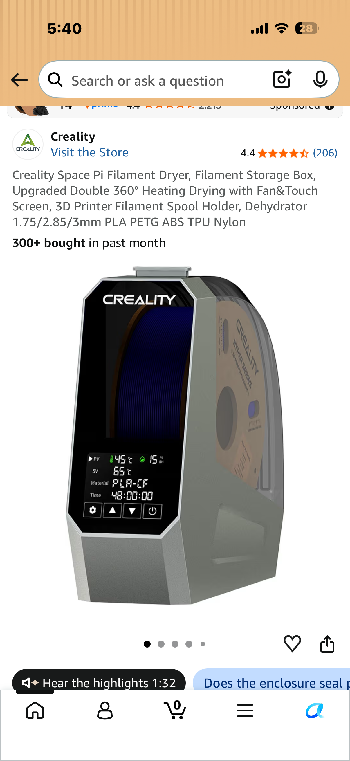 Creality Space Pi Filament Dryer, Filament Storage Box, Upgraded Double 360° Heating Drying with Fan&Touch Screen, 3D Printer Filament Spool Holder, Dehydrator 1.75/2.85/3mm PLA PETG ABS TPU Nylon