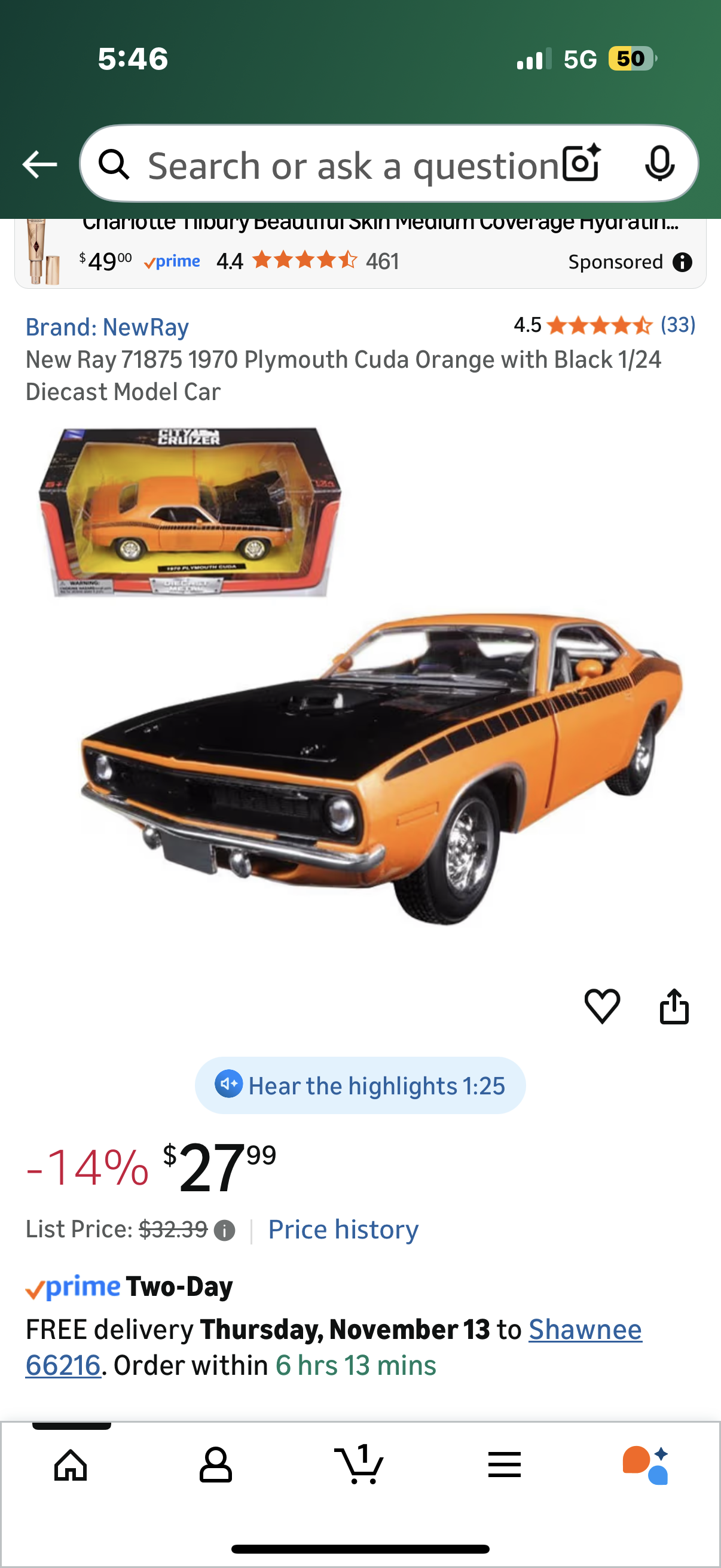 New Ray 71875 1970 Plymouth Cuda Orange with Black 1/24 Diecast Model Car