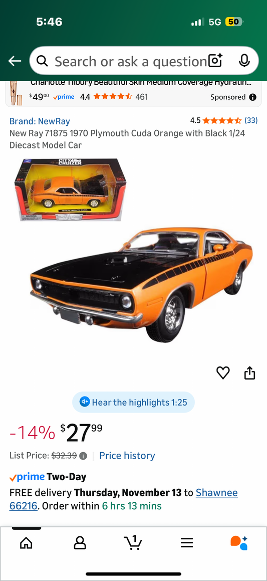 New Ray 71875 1970 Plymouth Cuda Orange with Black 1/24 Diecast Model Car
