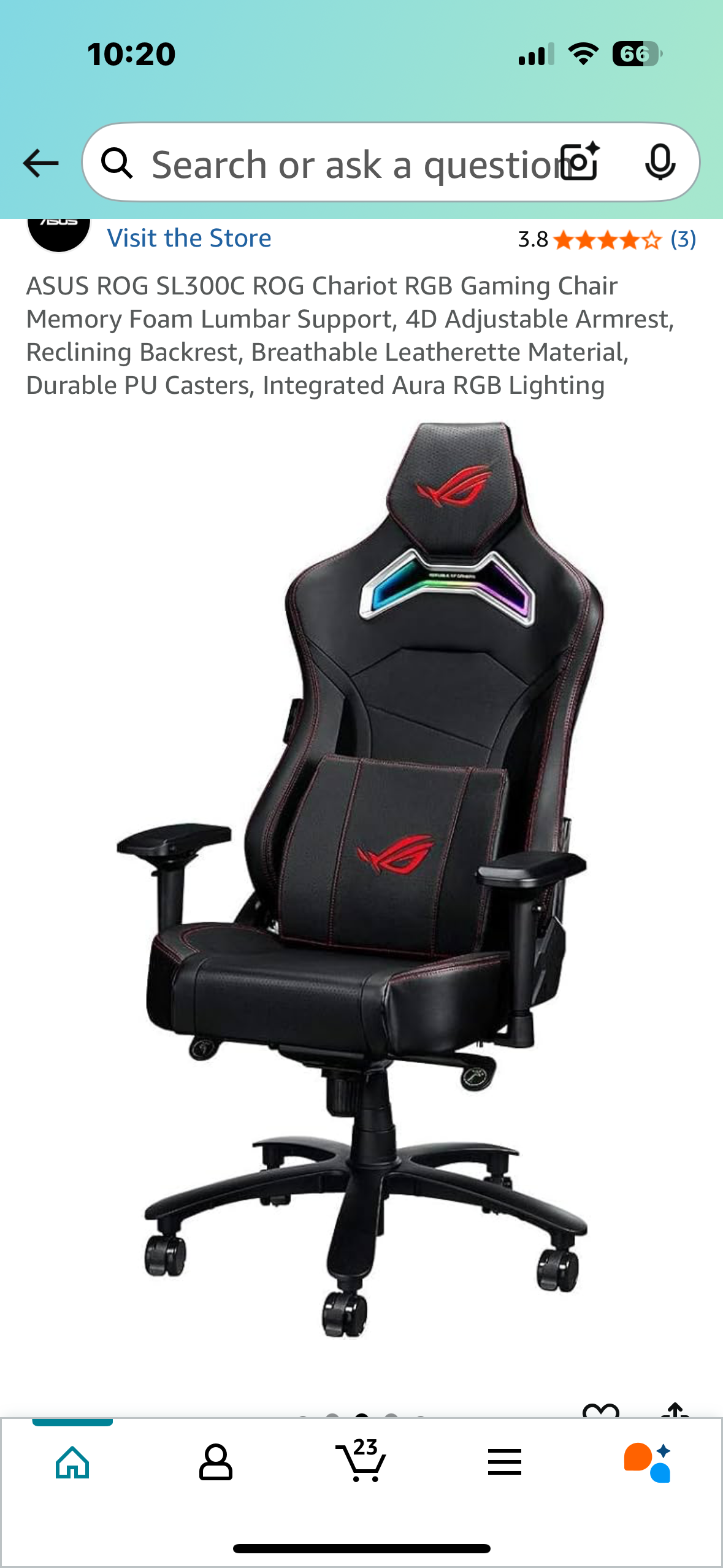 ASUS ROG SL300C ROG Chariot RGB Gaming Chair, Memory Foam Lumbar Support, 4D Adjustable Armrest, Reclining Backrest, Breathable Leatherette Material, Durable PU Casters, Integrated Aura RGB Lighting (O434)