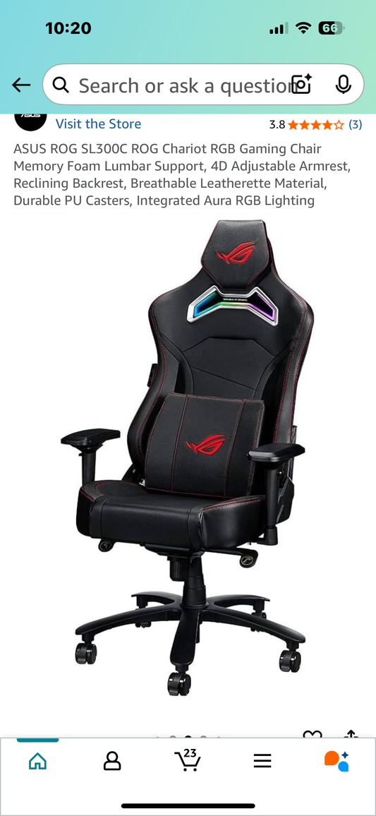 ASUS ROG SL300C ROG Chariot RGB Gaming Chair, Memory Foam Lumbar Support, 4D Adjustable Armrest, Reclining Backrest, Breathable Leatherette Material, Durable PU Casters, Integrated Aura RGB Lighting (O434)