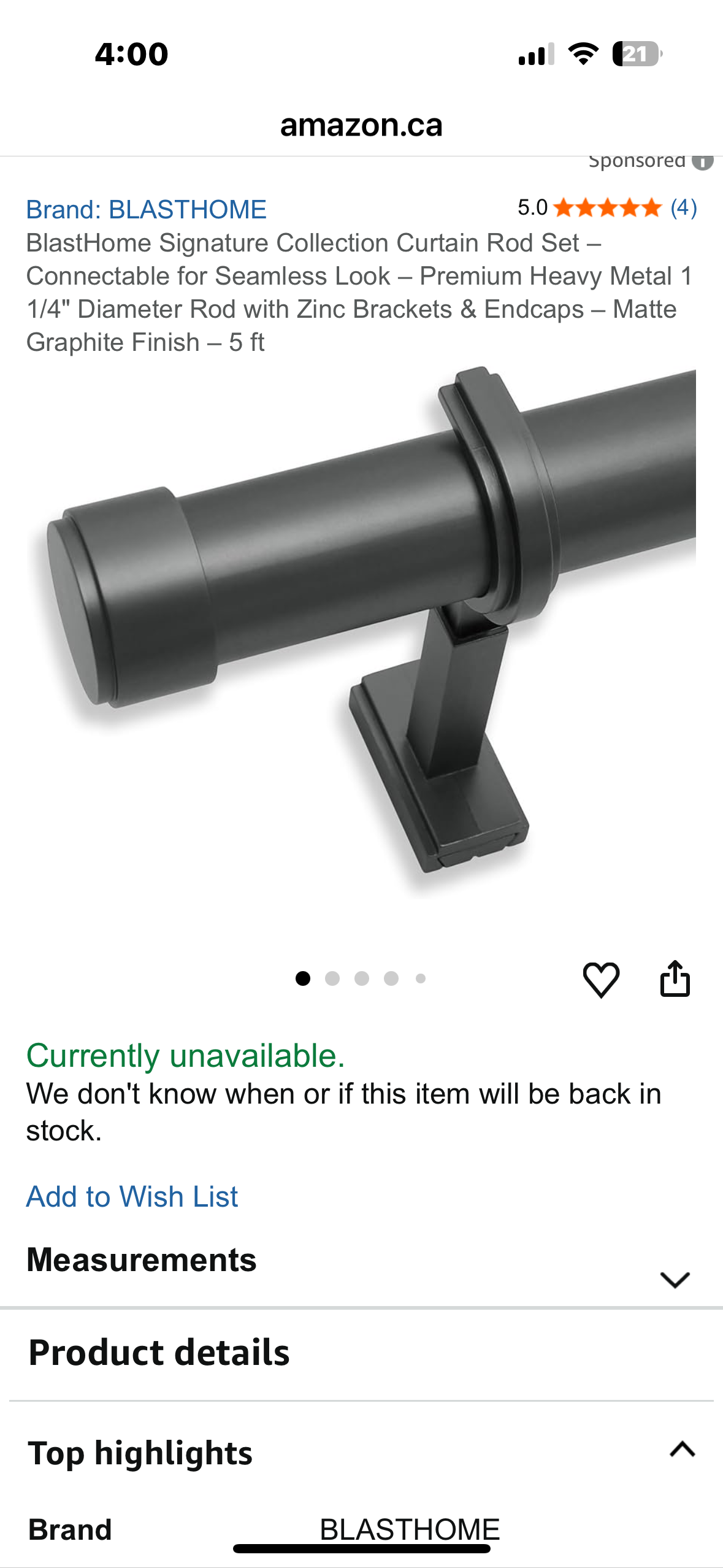 BlastHome Signature Collection Curtain Rod Set – Connectable for Seamless Look – Premium Heavy Metal 1 1/4" Diameter Rod with Zinc Brackets & Endcaps – Matte Graphite Finish – 5 ft (L1089)