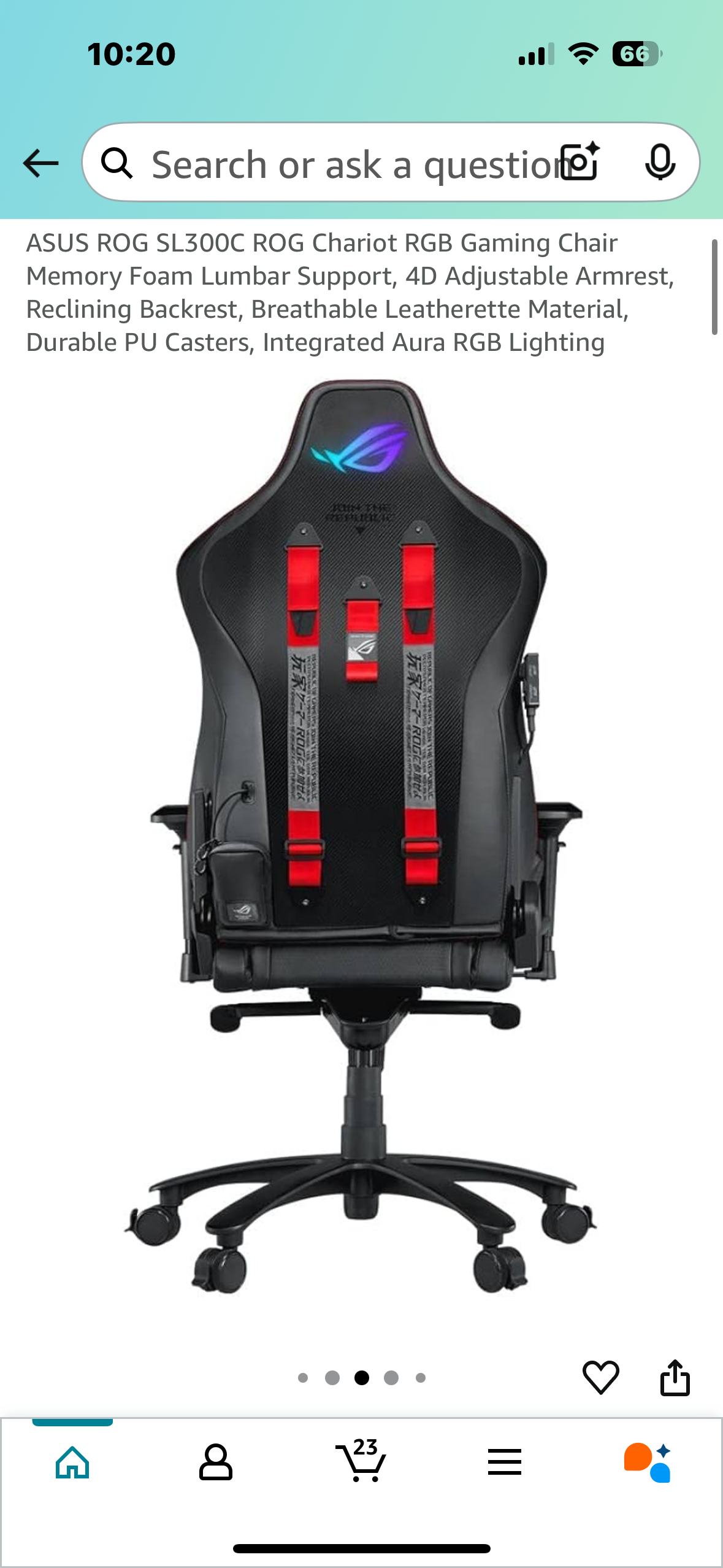 ASUS ROG SL300C ROG Chariot RGB Gaming Chair, Memory Foam Lumbar Support, 4D Adjustable Armrest, Reclining Backrest, Breathable Leatherette Material, Durable PU Casters, Integrated Aura RGB Lighting (O434)