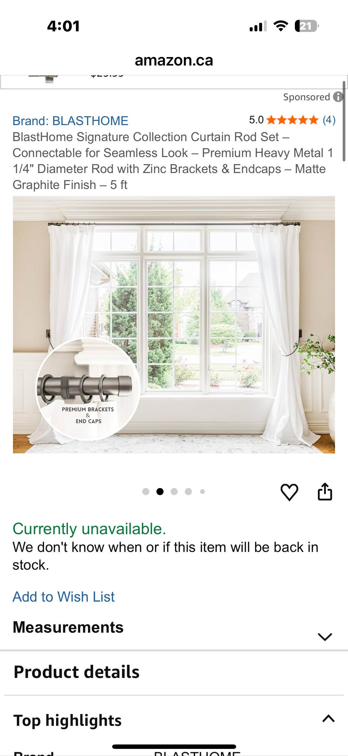 BlastHome Signature Collection Curtain Rod Set – Connectable for Seamless Look – Premium Heavy Metal 1 1/4" Diameter Rod with Zinc Brackets & Endcaps – Matte Graphite Finish – 5 ft (L1089)