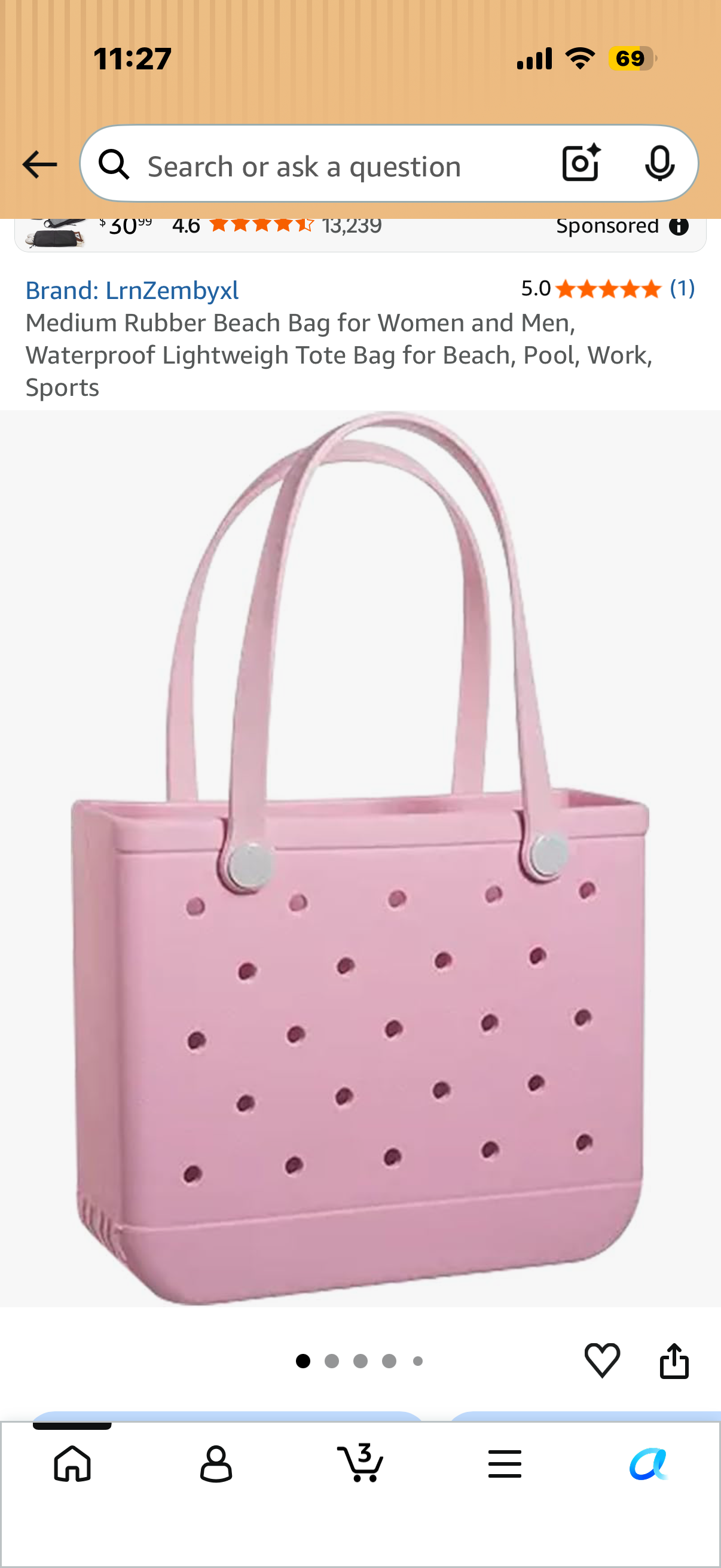 Medium Rubber Beach Bag for Women and Men, Waterproof Lightweigh Tote Bag for Beach, Pool, Work, Sports