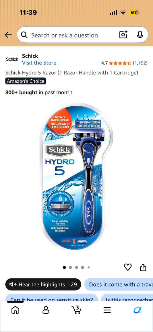 Schick Hydro 5 Razor (1 Razor Handle with 1 Cartridge