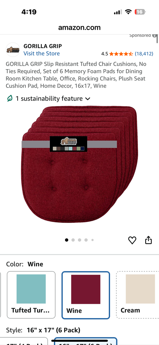 GORILLA GRIP Slip Resistant Tufted Chair Cushions, No Ties Required, Set of 6 Memory Foam Pads for Dining Room Kitchen Table, Office, Rocking Chairs, Plush Seat Cushion Pad, Home Decor, 16x17, Wine (L1090)