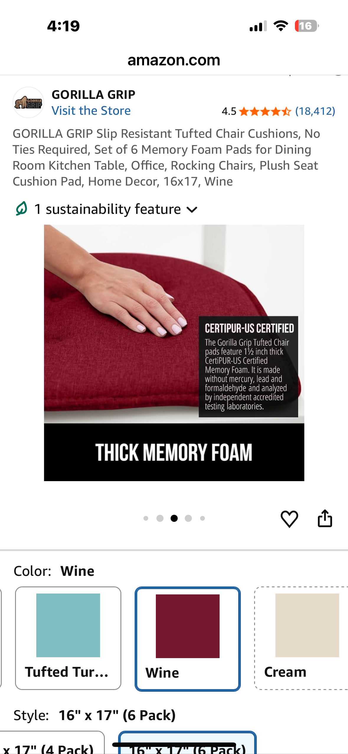 GORILLA GRIP Slip Resistant Tufted Chair Cushions, No Ties Required, Set of 6 Memory Foam Pads for Dining Room Kitchen Table, Office, Rocking Chairs, Plush Seat Cushion Pad, Home Decor, 16x17, Wine (L1090)