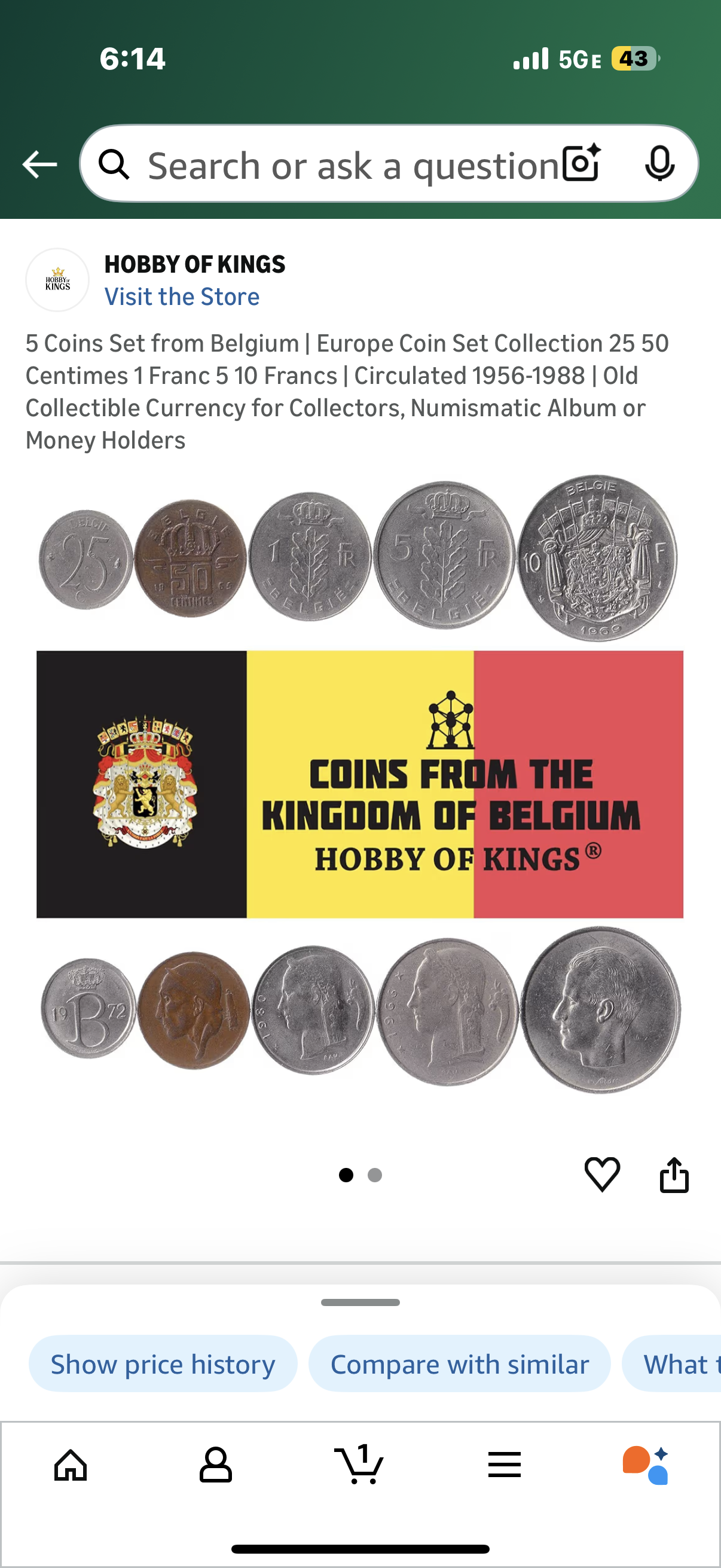 5 Coins Set from Belgium | Europe Coin Set Collection 25 50 Centimes 1 Franc 5 10 Francs | Circulated 1956-1988 | Old Collectible Currency for Collectors, Numismatic Album or Money Holders