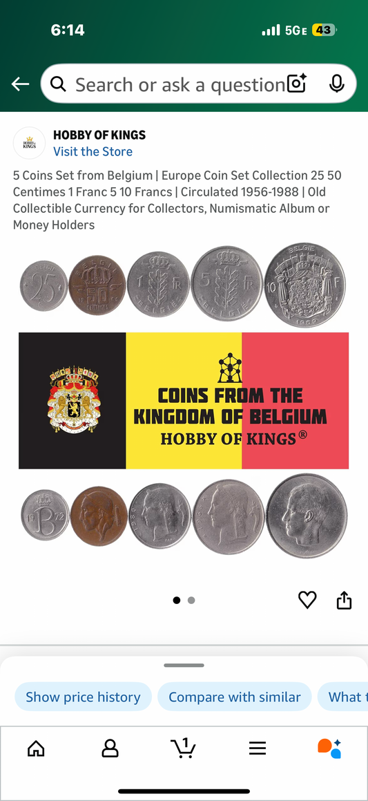 5 Coins Set from Belgium | Europe Coin Set Collection 25 50 Centimes 1 Franc 5 10 Francs | Circulated 1956-1988 | Old Collectible Currency for Collectors, Numismatic Album or Money Holders