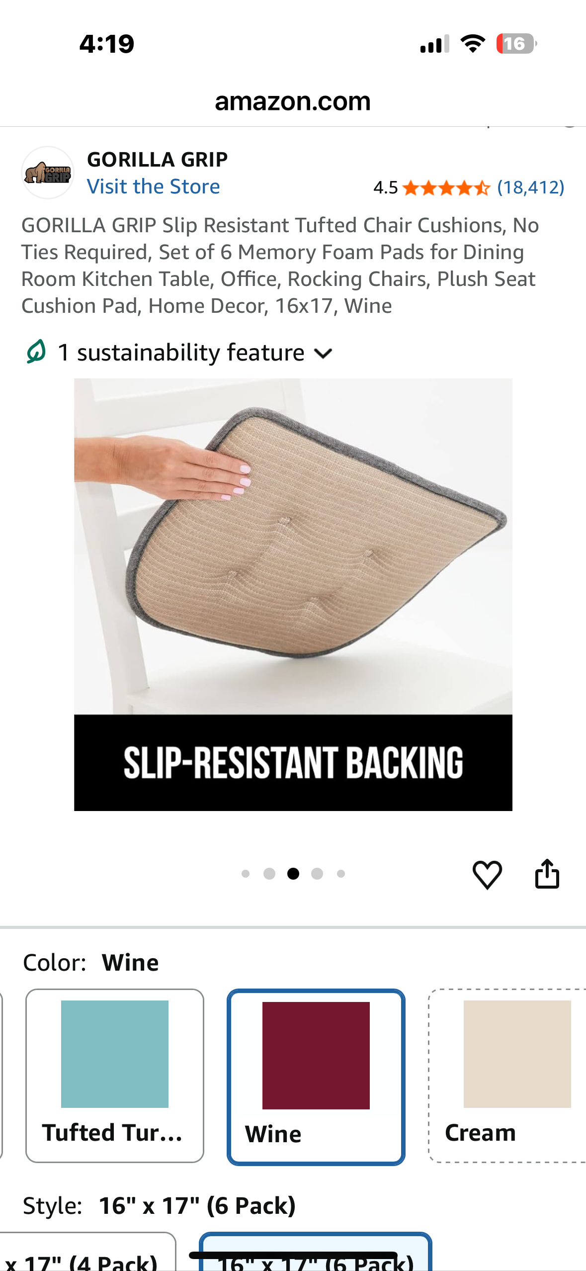 GORILLA GRIP Slip Resistant Tufted Chair Cushions, No Ties Required, Set of 6 Memory Foam Pads for Dining Room Kitchen Table, Office, Rocking Chairs, Plush Seat Cushion Pad, Home Decor, 16x17, Wine (L1090)