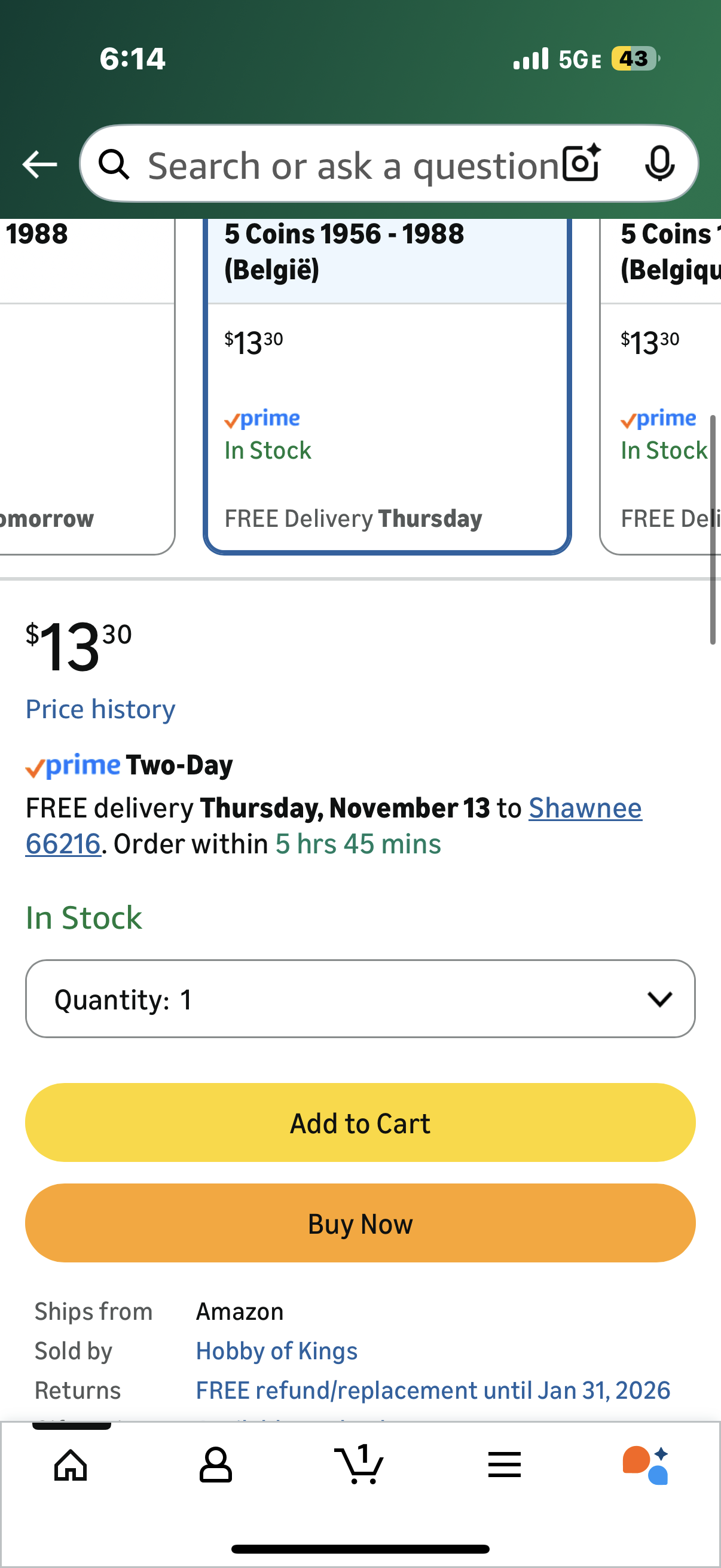 5 Coins Set from Belgium | Europe Coin Set Collection 25 50 Centimes 1 Franc 5 10 Francs | Circulated 1956-1988 | Old Collectible Currency for Collectors, Numismatic Album or Money Holders
