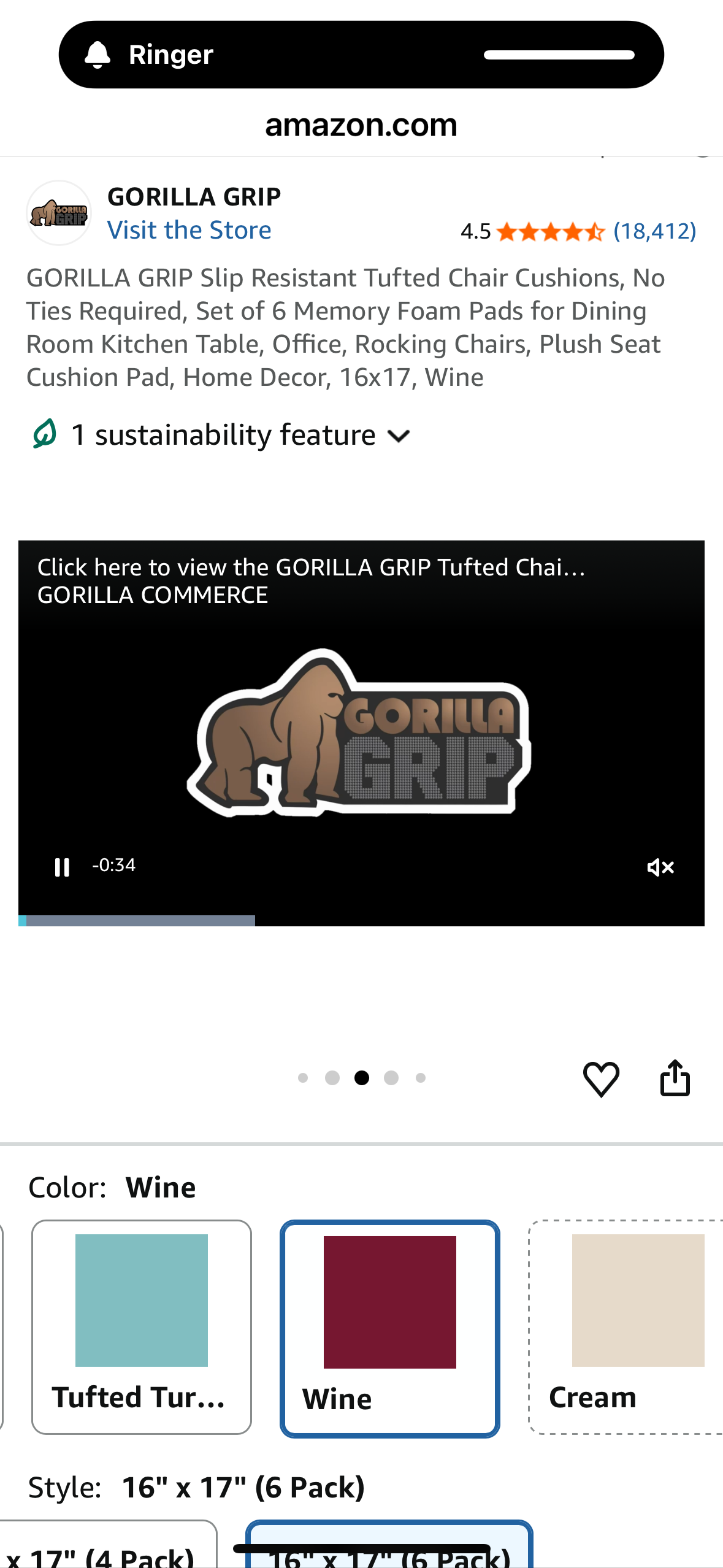 GORILLA GRIP Slip Resistant Tufted Chair Cushions, No Ties Required, Set of 6 Memory Foam Pads for Dining Room Kitchen Table, Office, Rocking Chairs, Plush Seat Cushion Pad, Home Decor, 16x17, Wine (L1090)