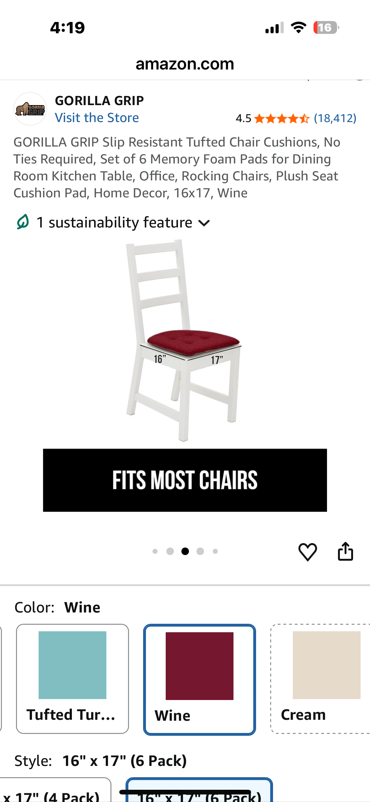 GORILLA GRIP Slip Resistant Tufted Chair Cushions, No Ties Required, Set of 6 Memory Foam Pads for Dining Room Kitchen Table, Office, Rocking Chairs, Plush Seat Cushion Pad, Home Decor, 16x17, Wine (L1090)