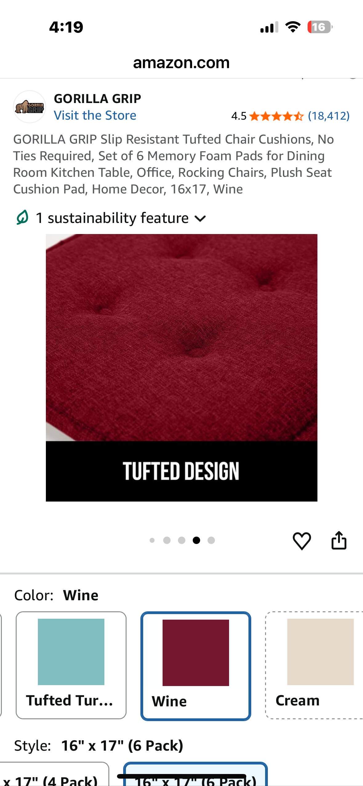 GORILLA GRIP Slip Resistant Tufted Chair Cushions, No Ties Required, Set of 6 Memory Foam Pads for Dining Room Kitchen Table, Office, Rocking Chairs, Plush Seat Cushion Pad, Home Decor, 16x17, Wine (L1090)