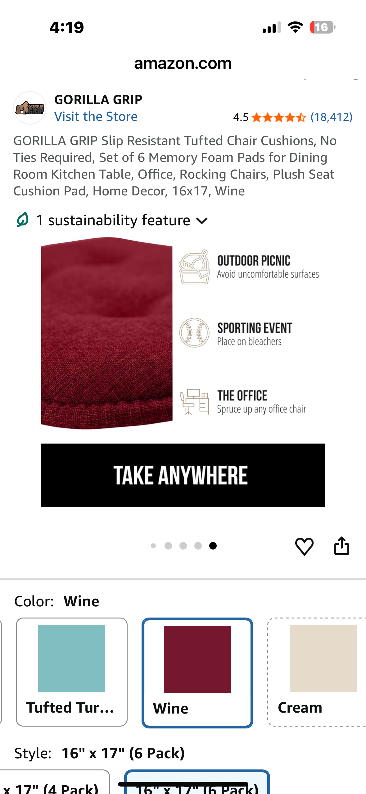 GORILLA GRIP Slip Resistant Tufted Chair Cushions, No Ties Required, Set of 6 Memory Foam Pads for Dining Room Kitchen Table, Office, Rocking Chairs, Plush Seat Cushion Pad, Home Decor, 16x17, Wine (L1090)