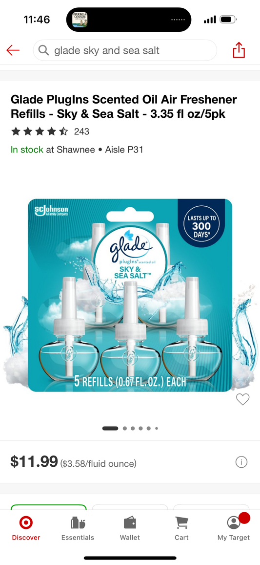 Glade PlugIns Scented Oil Air Freshener Refills - Sky & Sea Salt - 3.35 fl oz/5pk