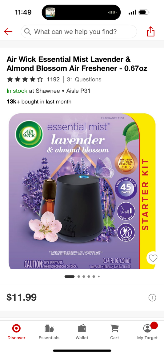 Air Wick Essential Mist Lavender & Almond Blossom Air Freshener - 0.67 oz