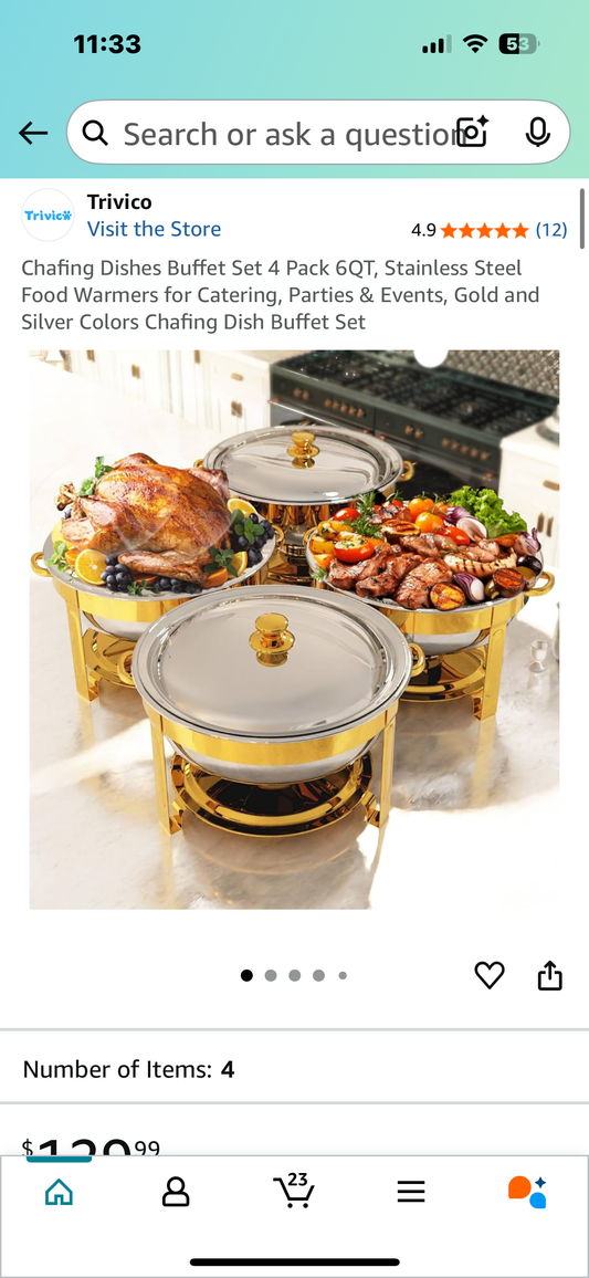 Chafing Dishes Buffet Set 4 Pack 6QT, Stainless Steel Food Warmers for Catering, Parties & Events, Gold and Silver Colors Chafing Dish Buffet Set (L969)