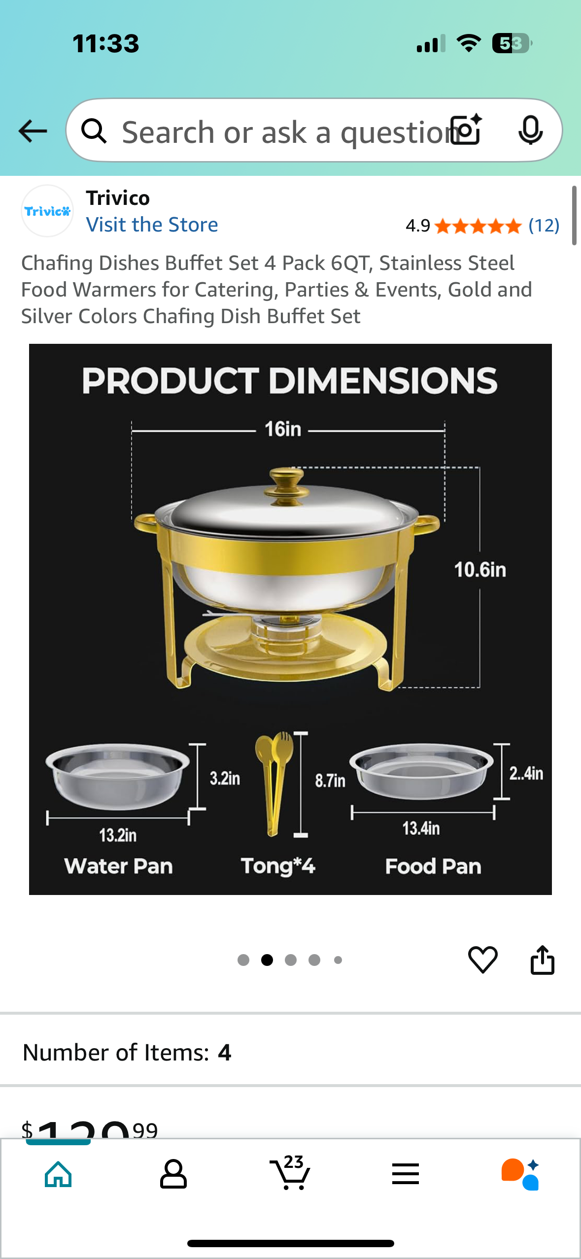 Chafing Dishes Buffet Set 4 Pack 6QT, Stainless Steel Food Warmers for Catering, Parties & Events, Gold and Silver Colors Chafing Dish Buffet Set (L969)