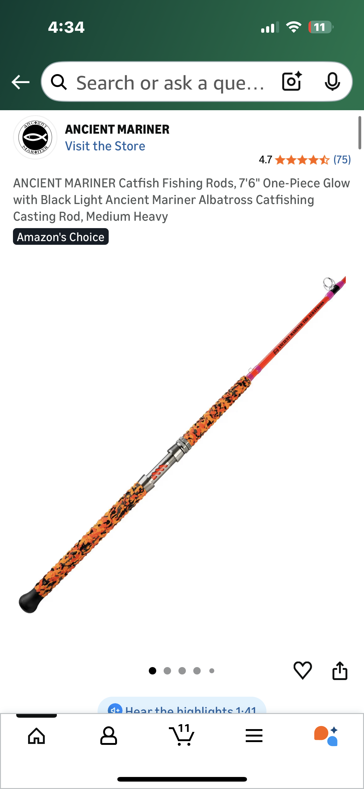 ANCIENT MARINER Catfish Fishing Rods, 7'6" One-Piece Glow with Black Light Ancient Mariner Albatross Catfishing Casting Rod, Medium Heavy (W539)