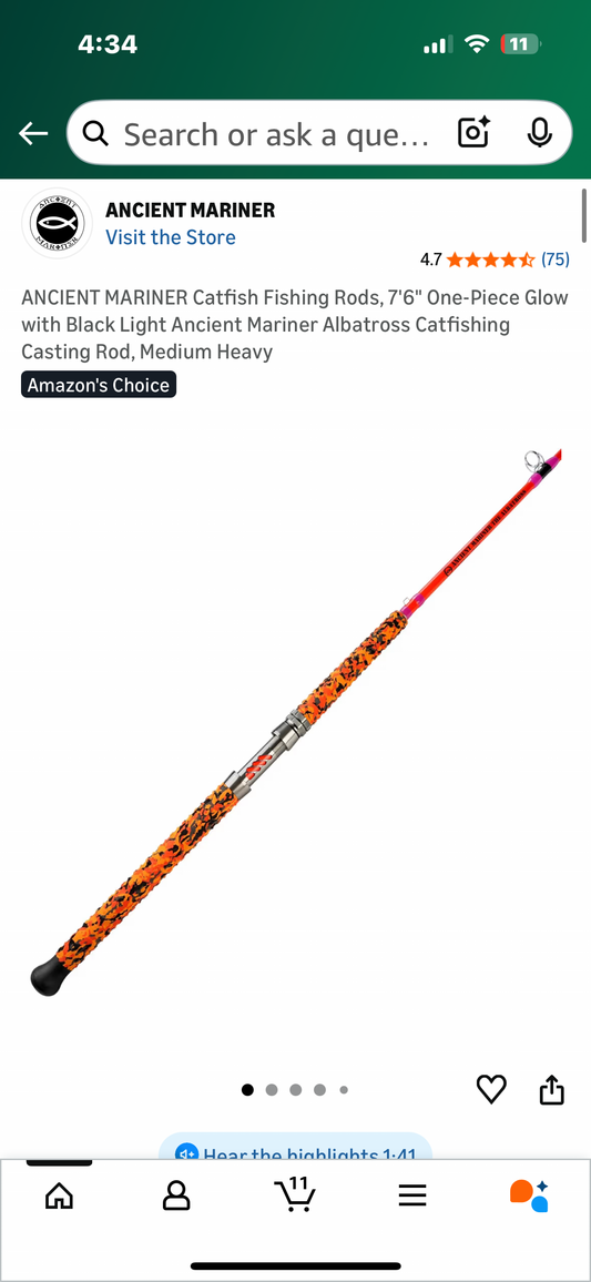 ANCIENT MARINER Catfish Fishing Rods, 7'6" One-Piece Glow with Black Light Ancient Mariner Albatross Catfishing Casting Rod, Medium Heavy (W539)