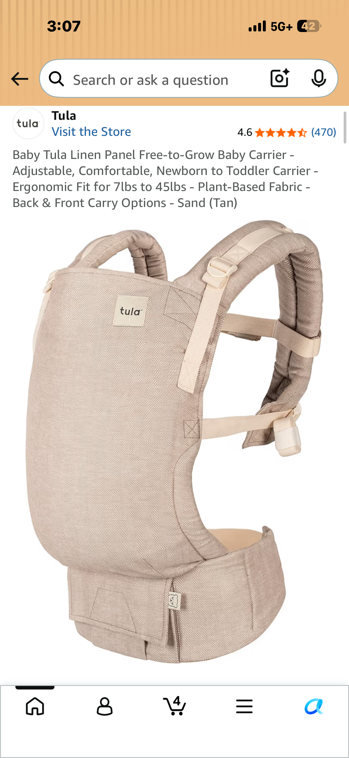 Baby Tula Linen Panel Free-to-Grow Baby Carrier - Adjustable, Comfortable, Newborn to Toddler Carrier - Ergonomic Fit for 7lbs to 45lbs - Plant-Based Fabric - Back & Front Carry Options - Sand (Tan)