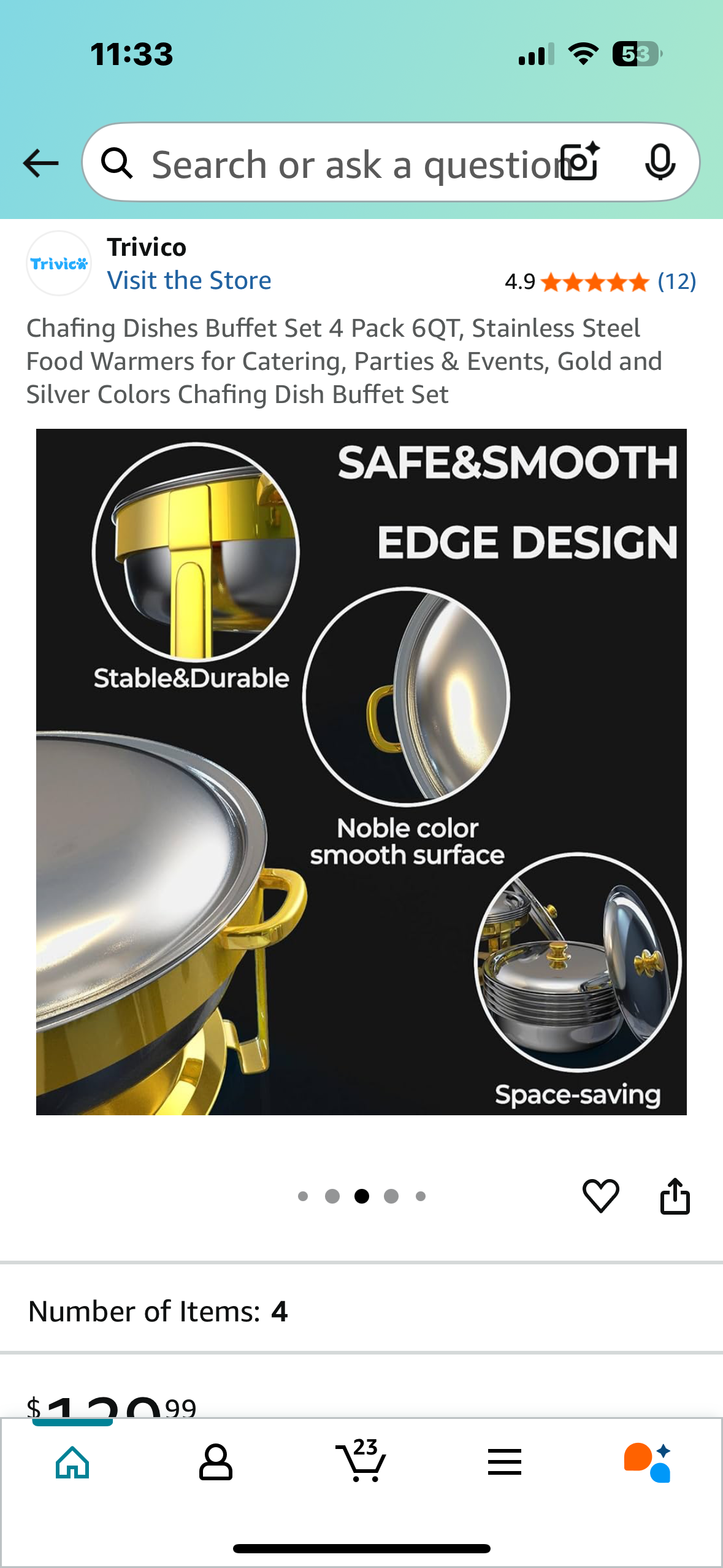 Chafing Dishes Buffet Set 4 Pack 6QT, Stainless Steel Food Warmers for Catering, Parties & Events, Gold and Silver Colors Chafing Dish Buffet Set (L969)