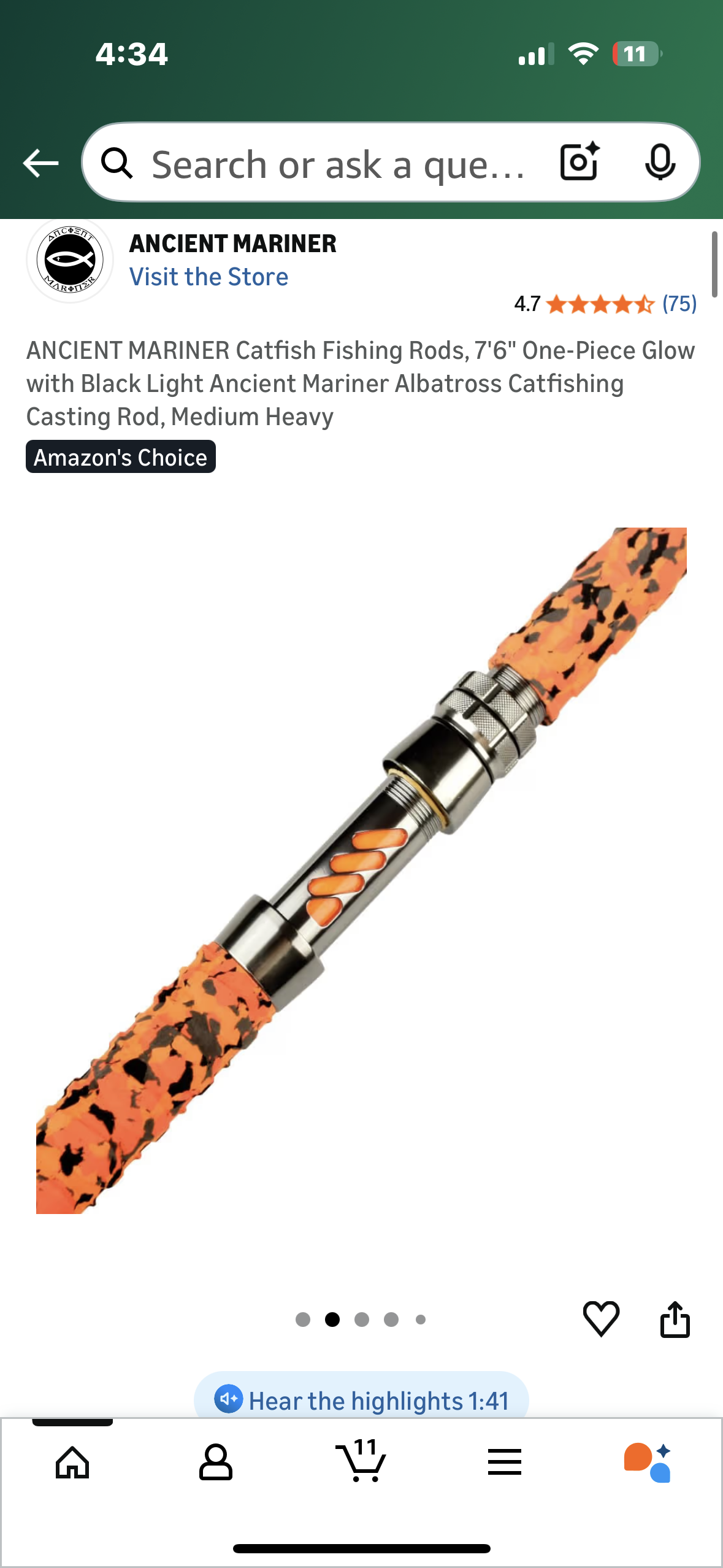 ANCIENT MARINER Catfish Fishing Rods, 7'6" One-Piece Glow with Black Light Ancient Mariner Albatross Catfishing Casting Rod, Medium Heavy (W539)