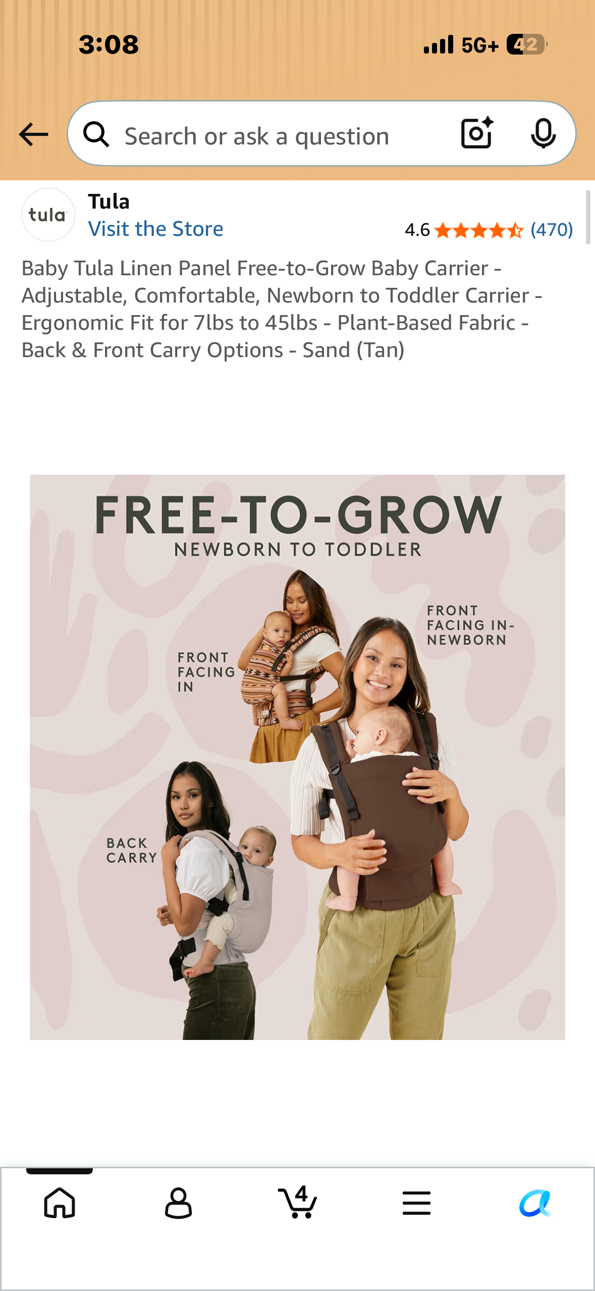 Baby Tula Linen Panel Free-to-Grow Baby Carrier - Adjustable, Comfortable, Newborn to Toddler Carrier - Ergonomic Fit for 7lbs to 45lbs - Plant-Based Fabric - Back & Front Carry Options - Sand (Tan)